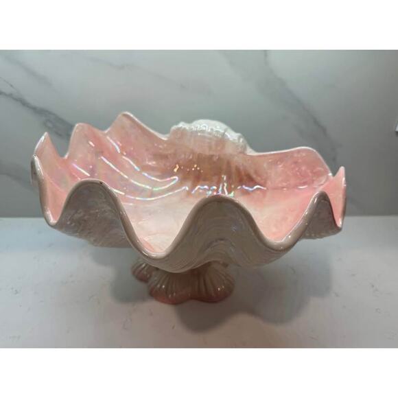 Clam Conch Seashell Vintage Pink Glaze Planter Centerpiece Bowl Birdbath - Picture 1 of 8